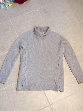 Garnet Hill Light Gray Cable-Trim Turtleneck 100% Cashmere Sweater